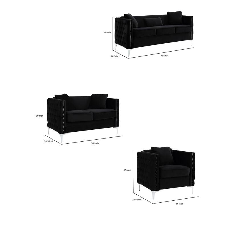 Zion 3 Piece Sofa Set with Loveseat and Chair, Button Tufted, Black Velvet