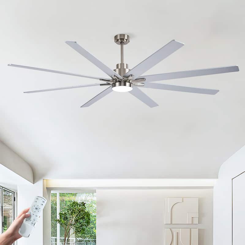 84 Inch 8 PCS Plywood Reversible Blades Ceiling Fan With Light Kit 3 Color Dimmable LED, DC 6 Speed - Nickel,Silver
