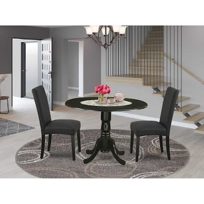 Contemporary Round Dining Table Set - 3pc 42" Table w/ Drop Leaves & 2 Parsons Chairs - Chic Black Finish