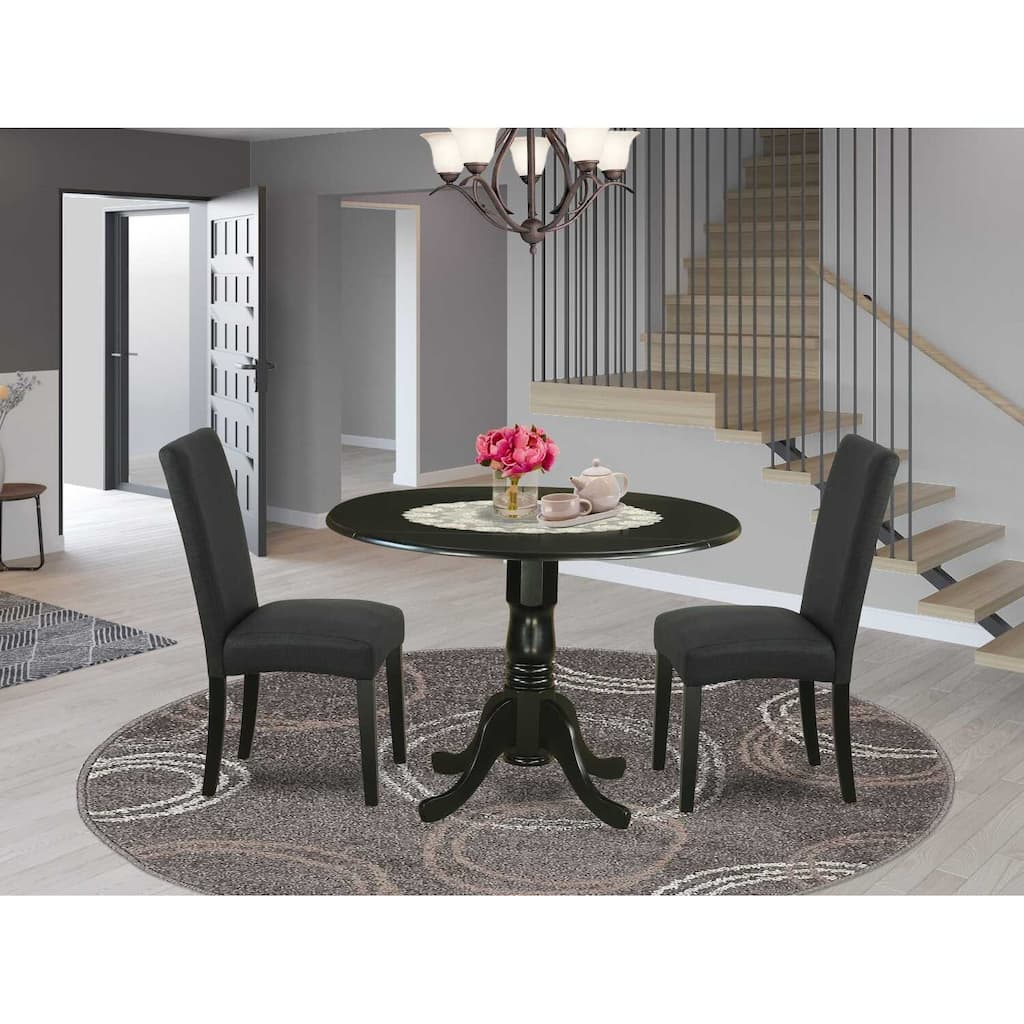 Contemporary Round Dining Table Set - 3pc 42" Table w/ Drop Leaves & 2 Parsons Chairs - Chic Black Finish