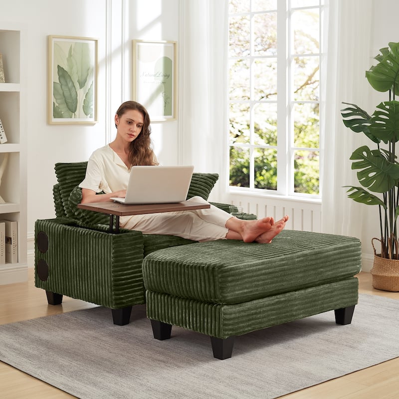 Versatile Chaise Lounge Single Sofa Chair with Ottoman, Swivel Table, Storage Armrest, Cup Holder, Bluetooth Speaker and USB