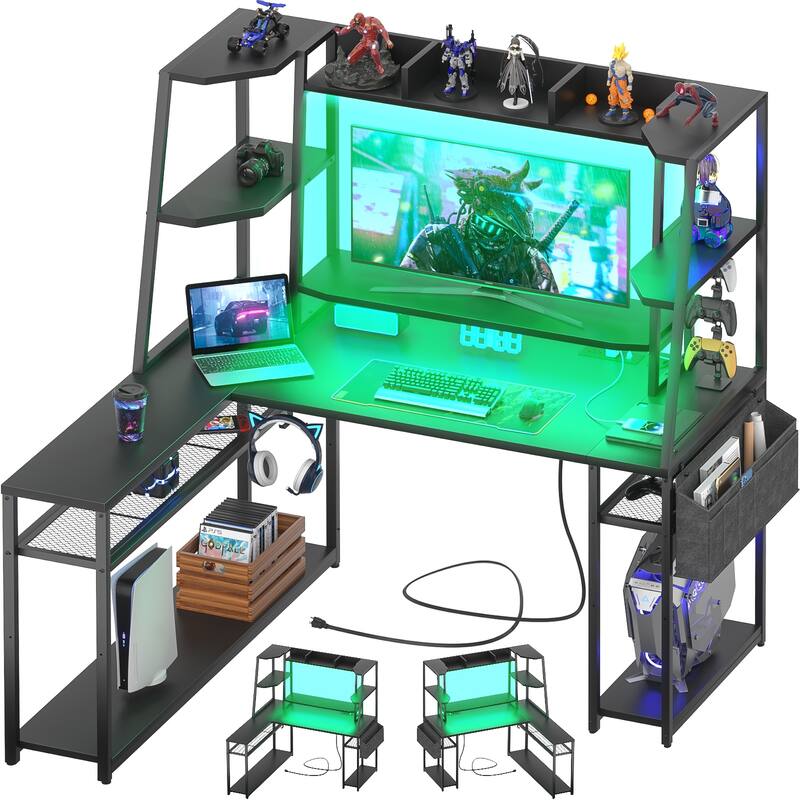 Ultimate L-Shape Gaming Desk with Hutch & Shelves, Reversible Computer Desk with LED Lights & Charging Station