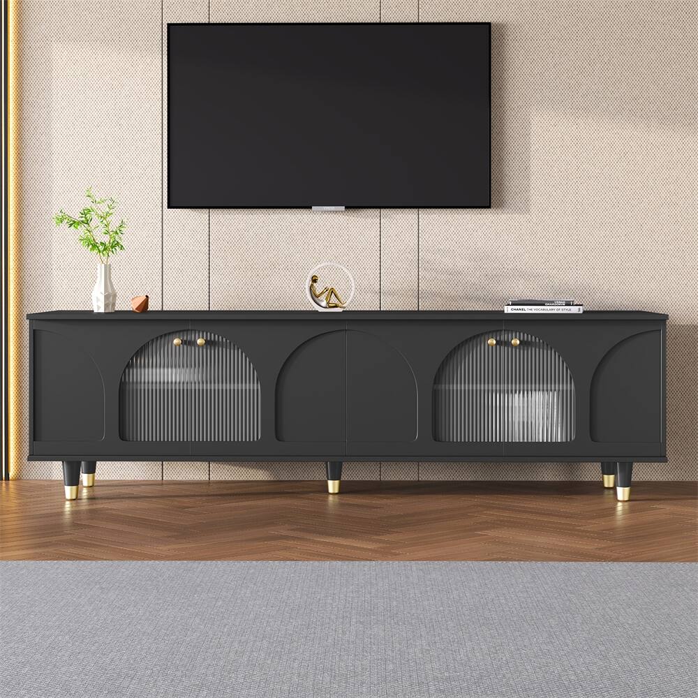 TV Stand with Gold Handles and Arch Fluted Glass Doors
