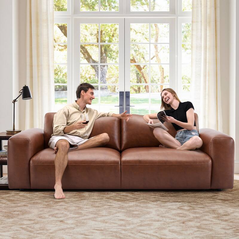 95" Oversized 3-Seater Sofa - Extra Deep Seats & Wide Arms, Down-Filled PU Leather Couch for Living Room, Apartment