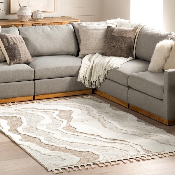 slide 1 of 1, Nuloom Navi Abstract High-Low Swirls Tasseled Area Rug.