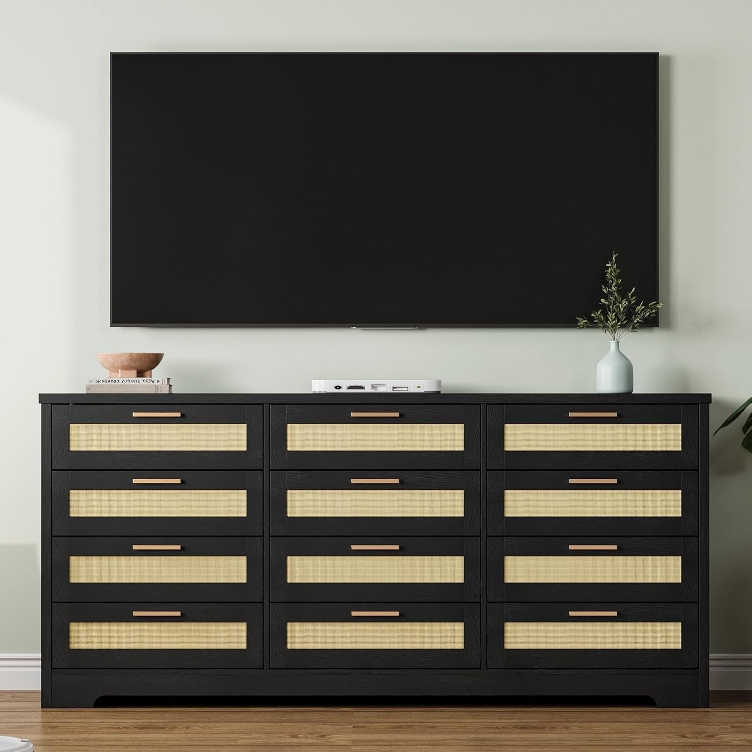 Modern Rattan Chest with Drawers & Handles, Wood Storage Organizer for Nursery Entryway Living Room