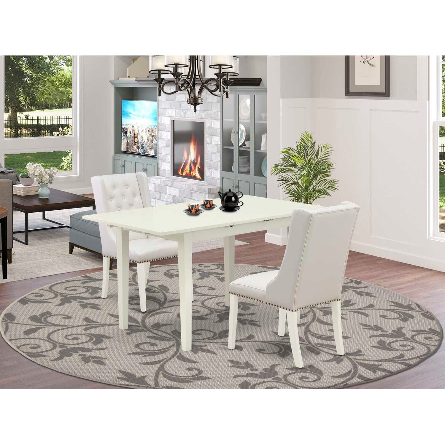 HomeStock 3-Pc Linen White Finish Rectangular Solid Wood Top with Butterfly Leaf Dining Table Set