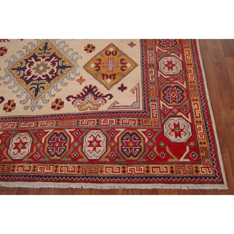 Hand Knotted Oriental 100% Wool Carpet Traditional Geometric Yellow & Gold Kazak Area Rug - 9' 8'' X 6' 5''