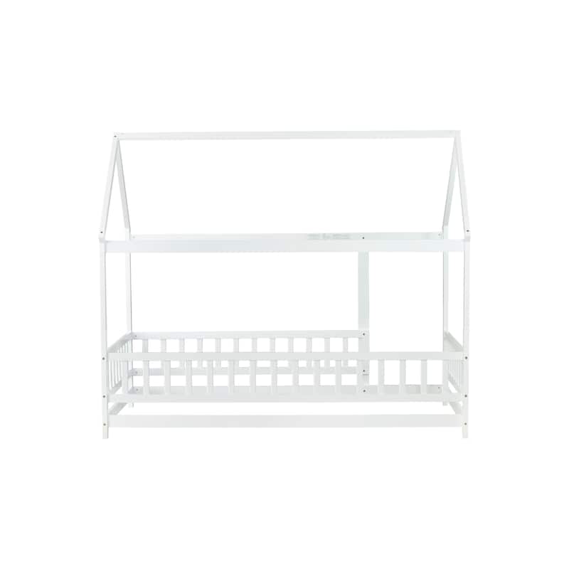 Twin Size House Floor Wooden Bed with Roof Frame,Safety Guardrails