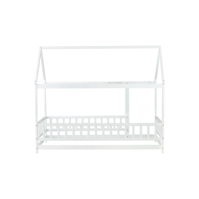 Twin Size Wooden House Floor Bed with Roof Frame and Safety Guardrails