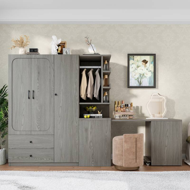 2-Door Wardrobe with Convertible Desk, Multiple Drawers & Hanging Storage