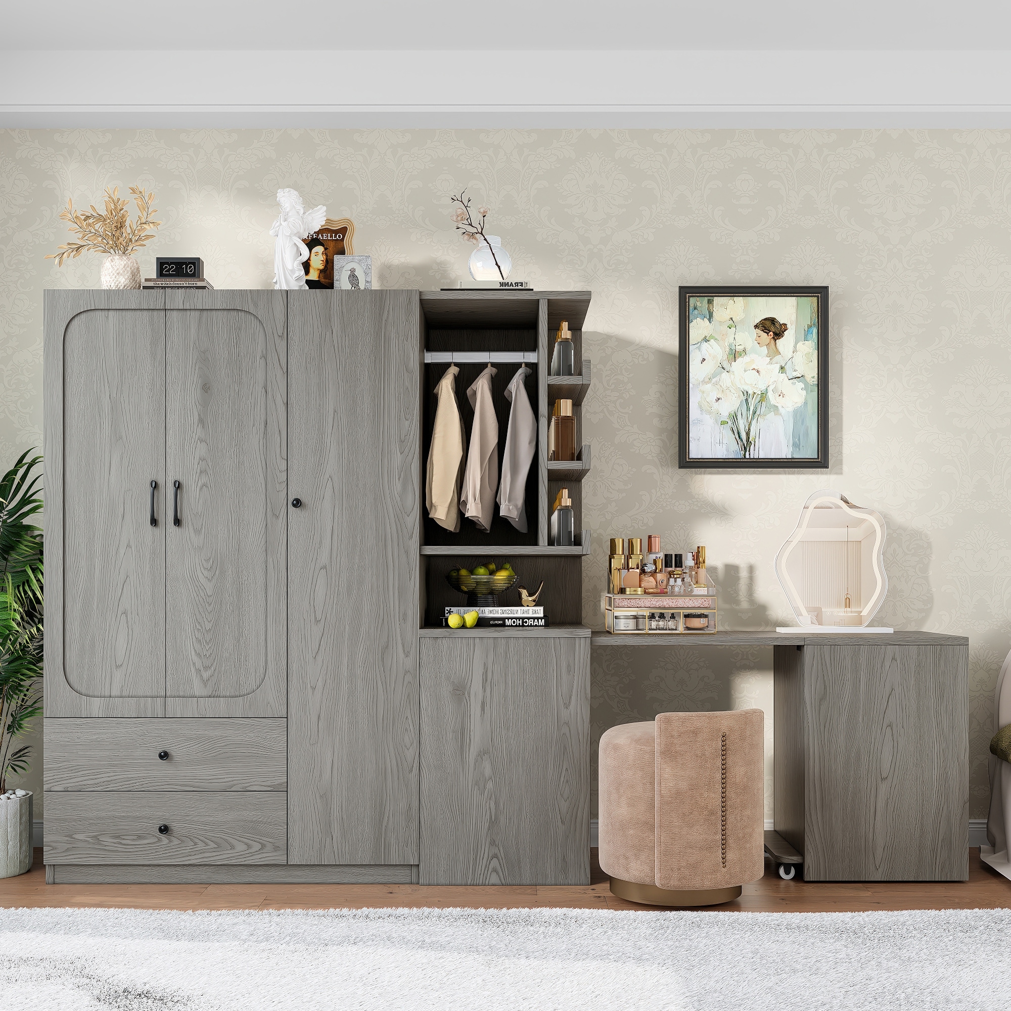Bedroom Armoire, Wooden Wardrobe Cabinet and Foldable Desk Into One Multifunctional Unit