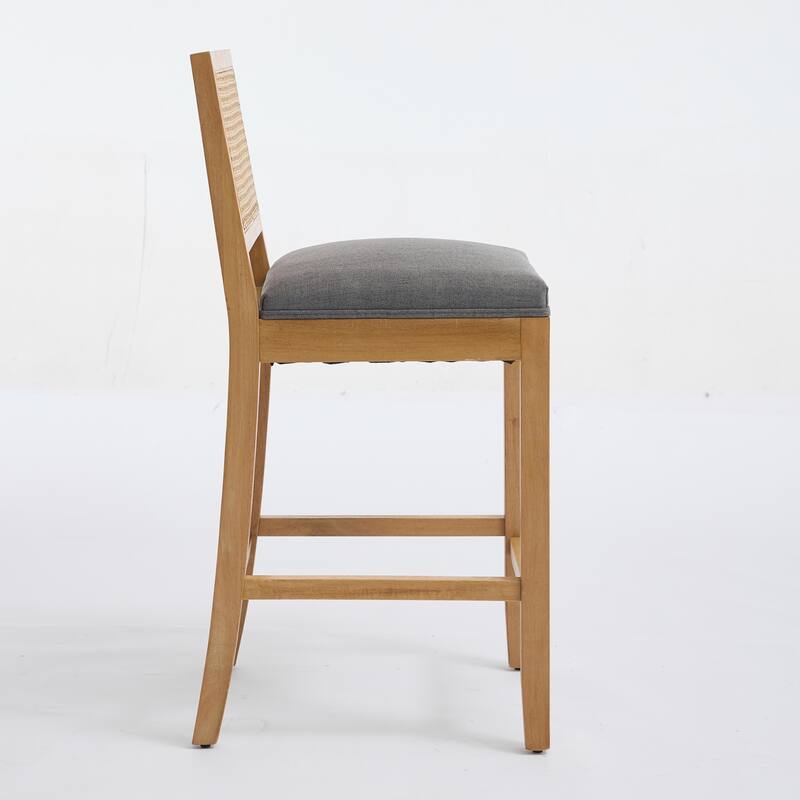 Full Solid Wood Rattan-Back Bar Stool, Matte Linen Cushion with High-Resilience Foam & S-Springs,Set of 2