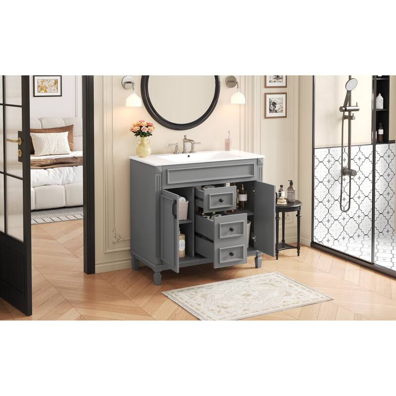 GDFStudio - Carrinford Modern Freestanding Bathroom Vanity with Ceramic Sink and 2 Soft Closing Doors & 2 Drawers