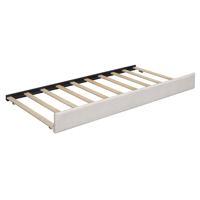 Queen Size Linen Upholstered Platform Bed with Headboard Lights and Shelves, Storage Bed Frame with Drawers and Trundle