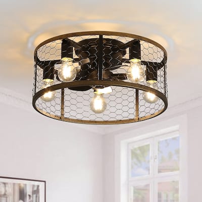 20 Inch Caged Ceiling Fan with LED Light and Remote Control, Indoor Flush Mount Ceiling Fan Light with Reversible Blades