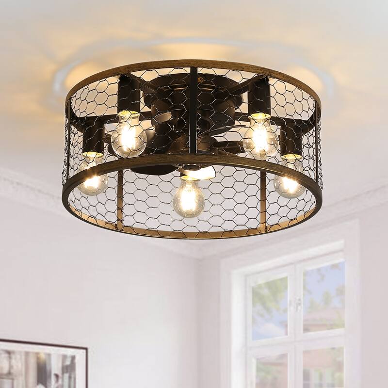 20 Inch Industrial Caged Ceiling Fan, With 7-ABS Blades Remote Control Reversible DC Motor, Small Flush Mount Ceiling Fan