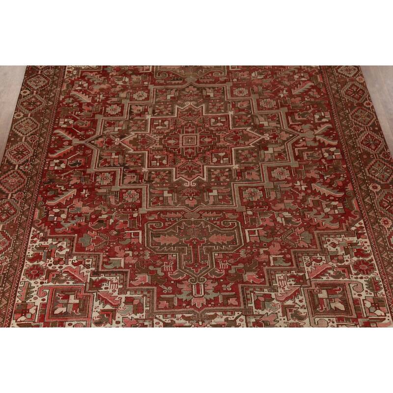 Red Geometric Heriz Persian Vintage Rug Handmade Oriental Wool Carpet - 9'10"x 13'3"