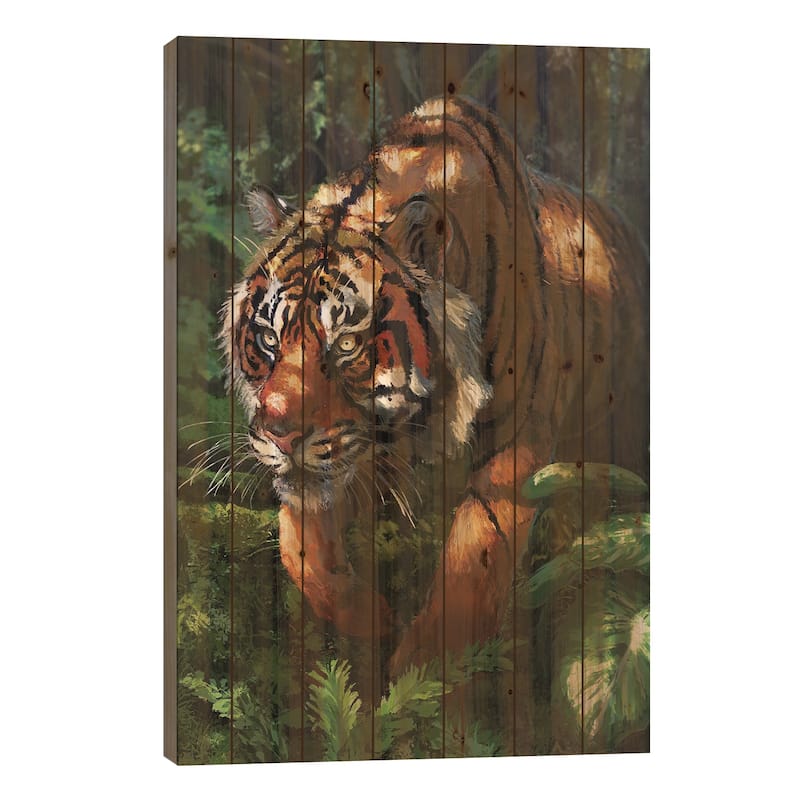 Prowling Tiger Print On Wood by Louise Goalby - Multi-Color - 26x18x1.5