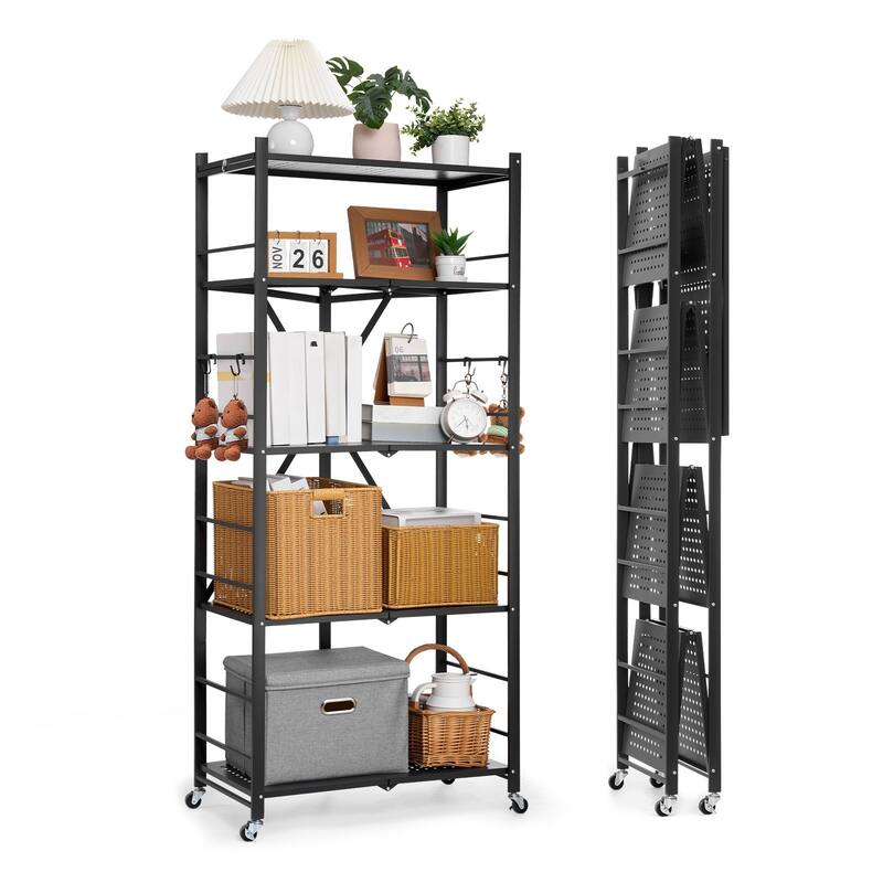 Black Carbon Steel 5 Tier Folding Storage Shelf with Wheels and 750 lbs Load - 15 x 28 x 64 in