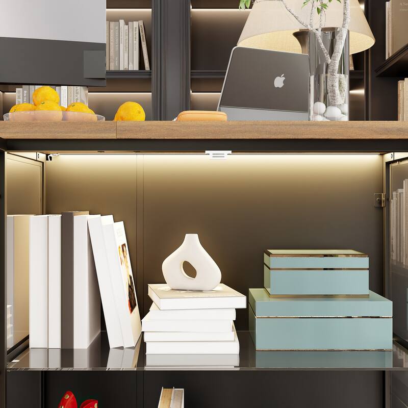Kitchen Island and Office Desk, Ample Storage, Glass Cabinet & Drawers