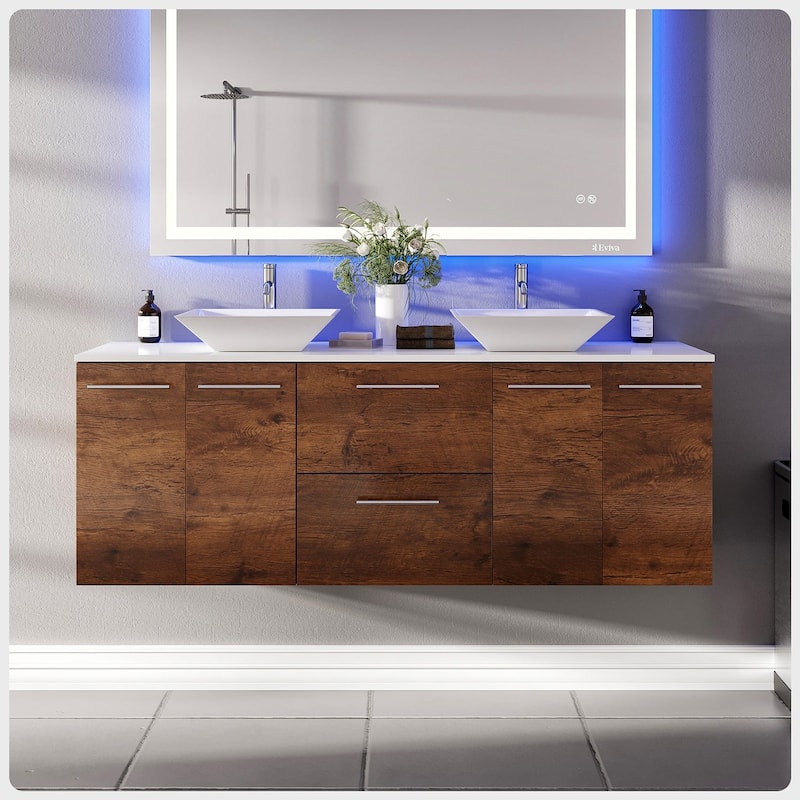 Lux 60"W Rosewood DS Bath Vanity with Quartz Top & Vessel Sinks