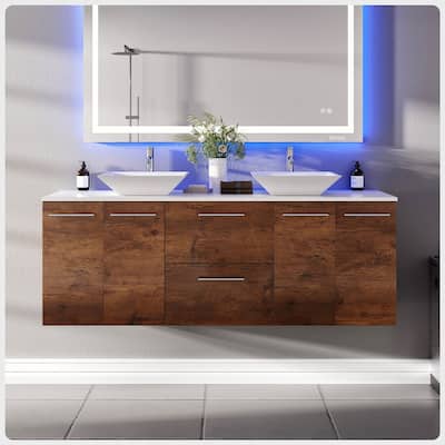 Lux 60"W Rosewood DS Bath Vanity with Quartz Top & Vessel Sinks