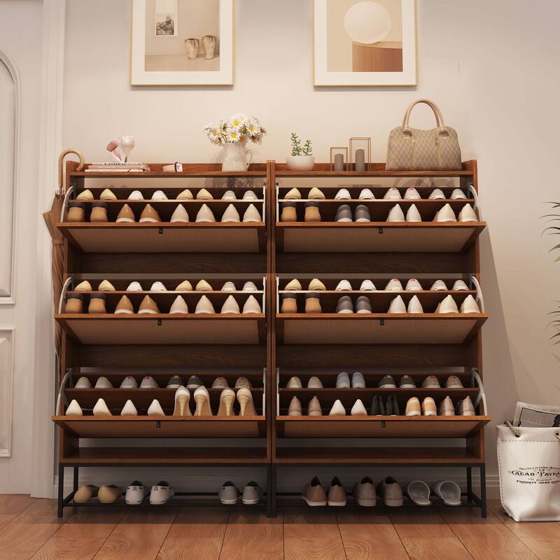Wooden Shoe Storage Cabinet with triple-tier flip-up drawer