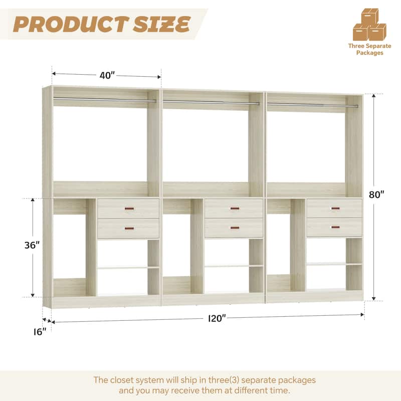 40'' Large Closet System with Shelves and 2 Drawers, Freestanding Closet Organizer with Hanging Rods
