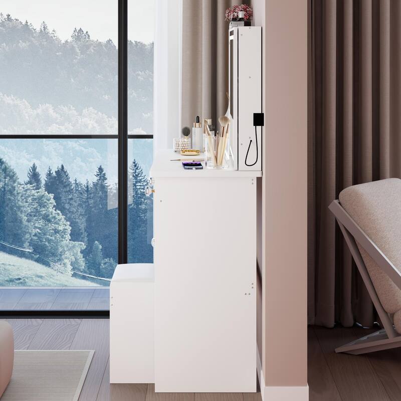 Middle Size Left Drawer Desktop Vanity Table + Cushioned Stool,Touch Control,Tri-color Switching,Brightness Adjust LED Mirror