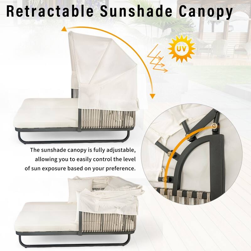 57" Outdoor Rattan Daybed with Canopy and Cushion