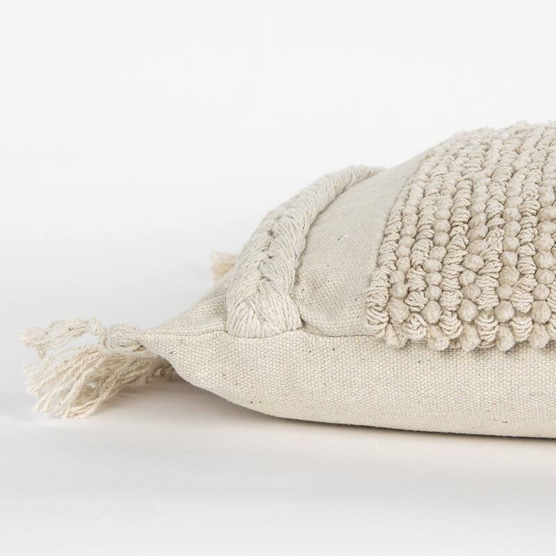 HomeRoots Ivory Braided Stripe Macrame Fringe Lumbar Pillow