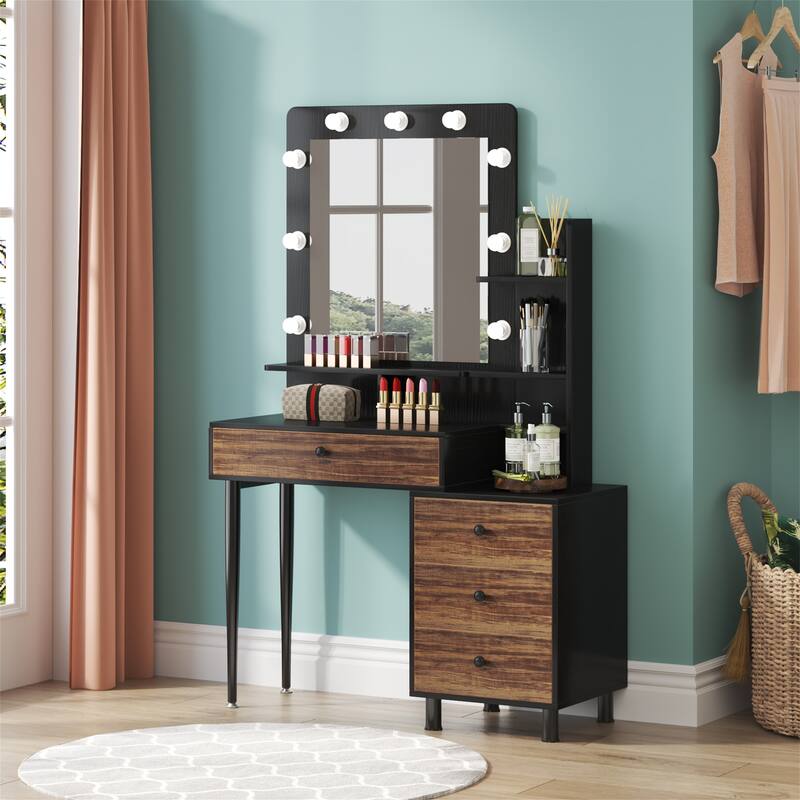 Vintage Vanity Table with Lighted Mirror and 3-Drawer Chest - Brown/Black