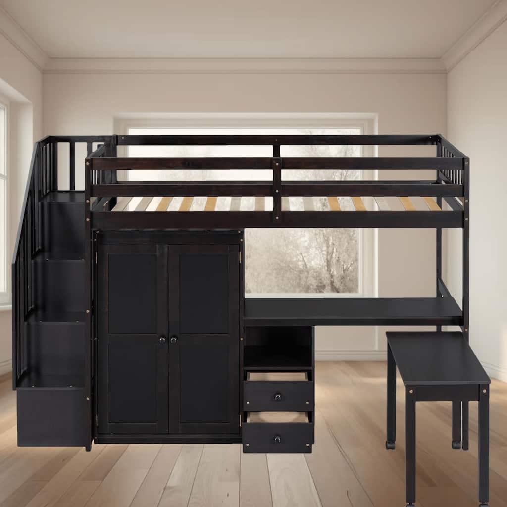 Twin Size Loft Platform Bed Frame with Built-in Stairs, Desk, Wardrobe and Bookshelf, Multifunctional Furniture for Kids
