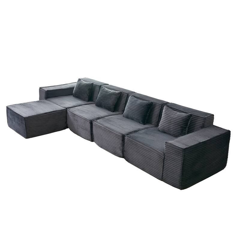 L-Shaped Modular Sectional Sofa with Ottoman, Striped Corduroy Deep Seat Cloud Couch, Large 4-Seat Corner Sofa