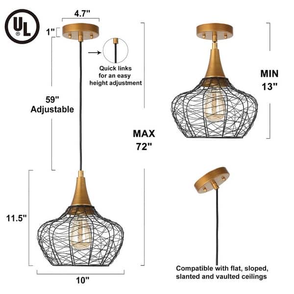 Alisar Modern Farmhouse Black Lantern Metal Kitchen Island Wire Pendant - D10" x H73"