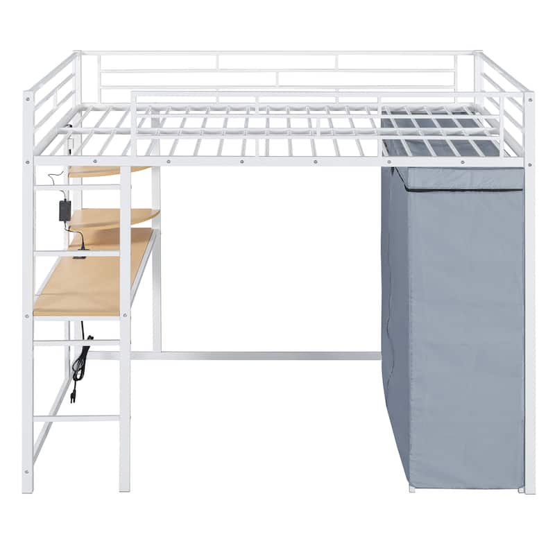 Full Size Loft Metal Bed with Desk, Shelves, Power Outlet, LED Light and Wardrobe, White