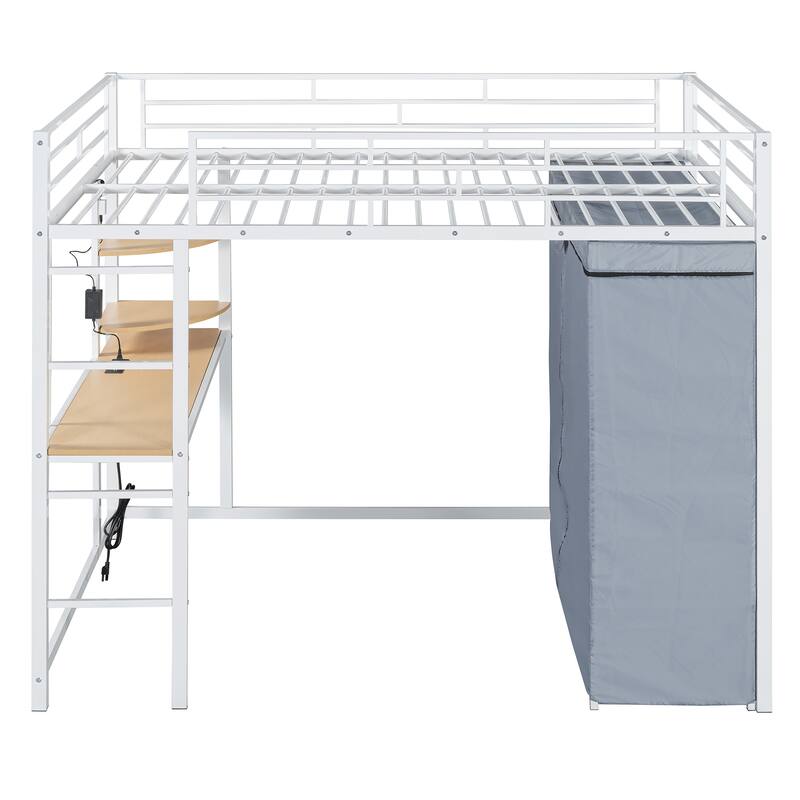 Modern Loft Bed with Desk & Wardrobe, Metal Loft Bed Frame with Shelves, USB Power Outlet, LED Light, for Kids Teens Adults