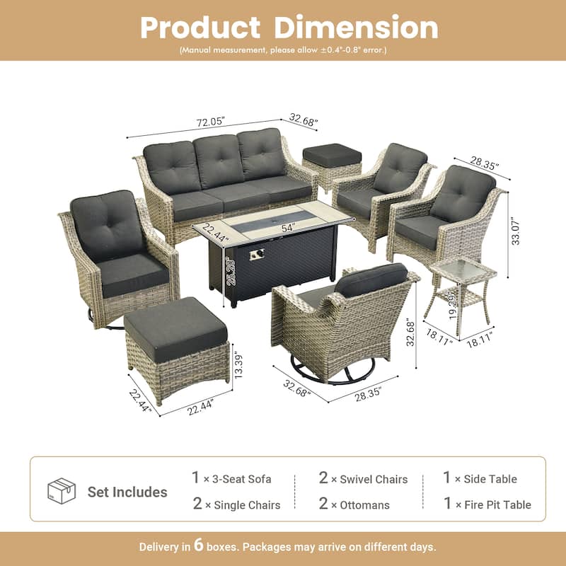 OVIOS 9 Pieces Outdoor Swivel Chairs Set with 54" Fire Table​