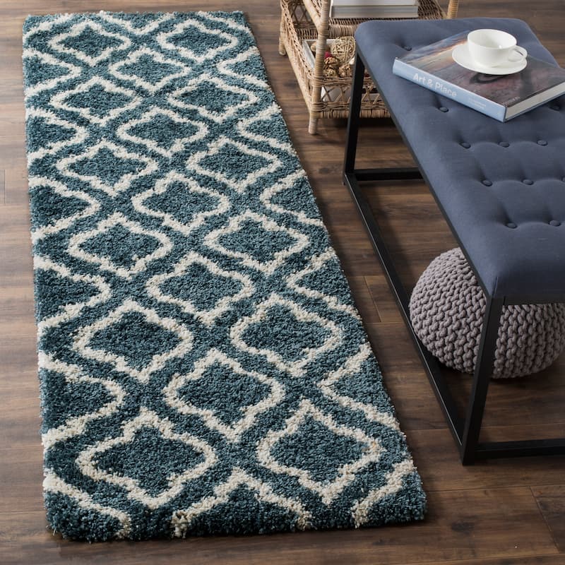 SAFAVIEH Hudson Shag Sheilah Moroccan 2-inch Thick Rug - 2'3" x 10' Runner - Slate Blue/Ivory