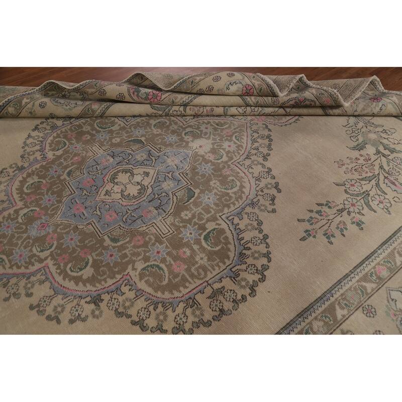 Distressed Geometric Tabriz Persian Rug Hand-knotted Wool Carpet - 9'8" x 12'11"
