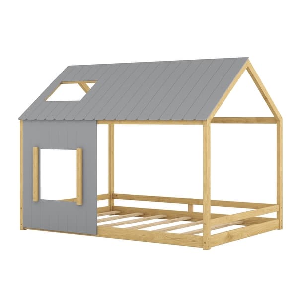 slide 2 of 36, Full House Bed with Roof & Window - Pine Wood Support for Kids