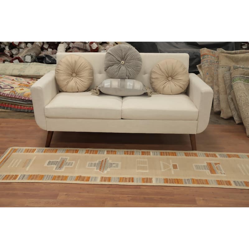Hand Woven Oriental 100% Wool Carpet Southwestern Tribal Beige & Ivories Kilim Runner Rug - 8' 0'' X 2' 0''