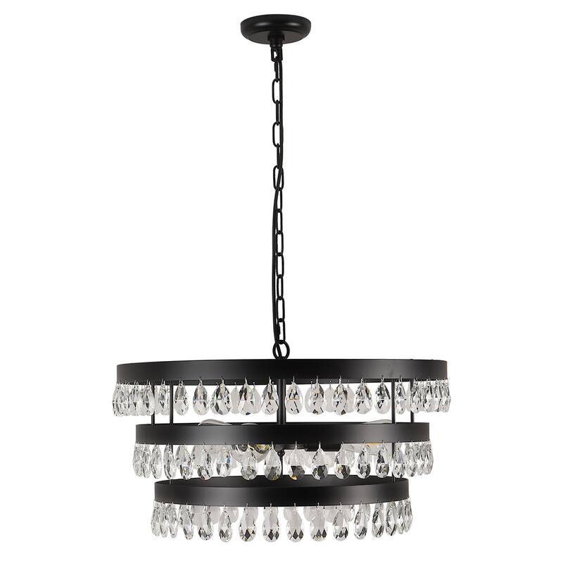 3 - Light 3 - Tier Crystal Chandelier, Black Iron Frame, Ceiling Pendant - Matte Black
