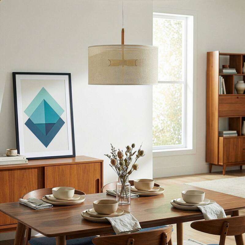 Choi Natural Woven Drum Pendant Light with Wooden Accents