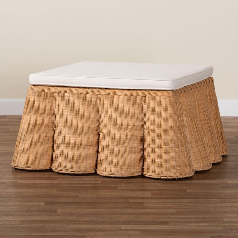 Palm Scallop Natural Rattan Ottoman with Cushion – Handwoven Wicker Accent Bench or Footrest for Living Room or Sunroom, Square