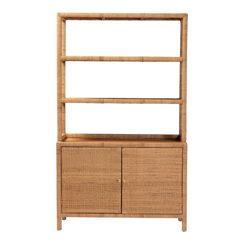 Mortis Natural Rattan Display Shelf with 2-Door Storage Cabinet - Coastal Boho Wicker Bookcase or Hutch for Living Room