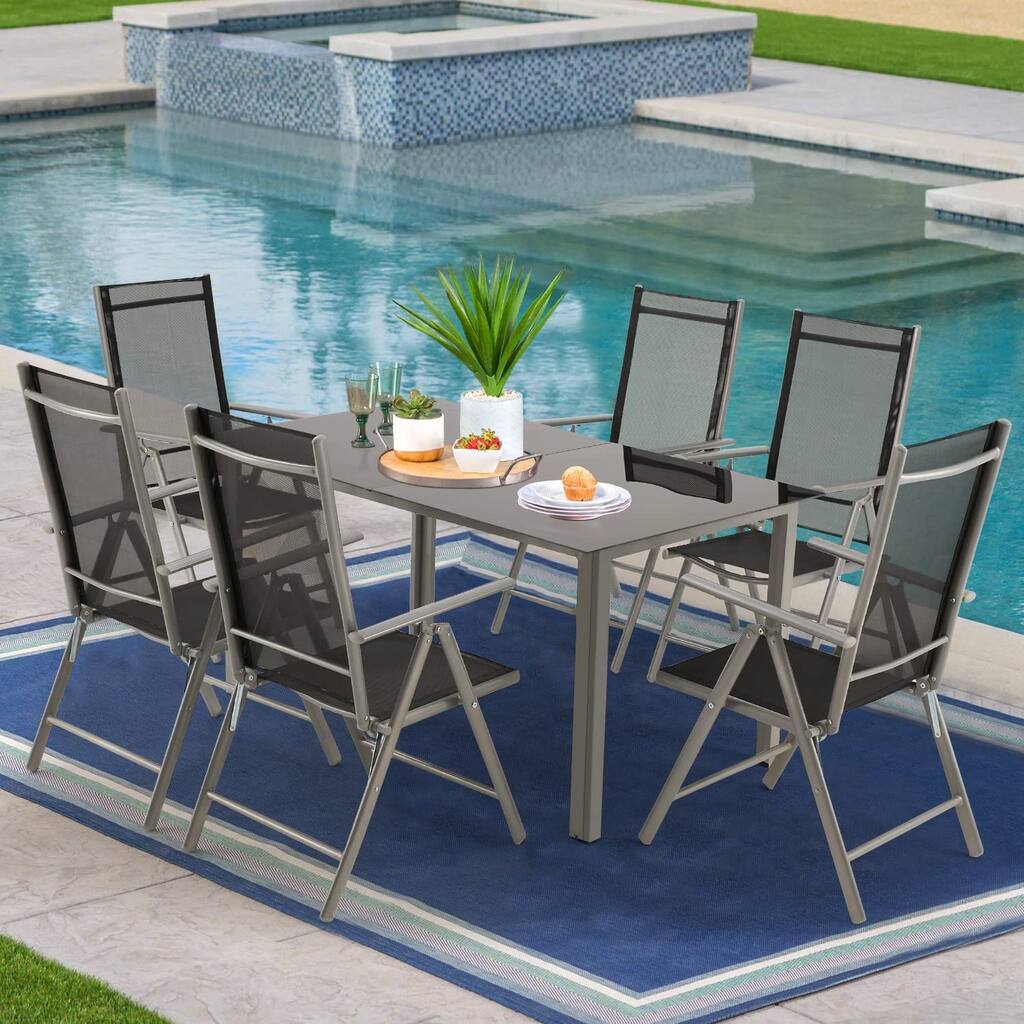 EROMMY Patio Dining Set, Tempered Glass Metal Table with Chairs