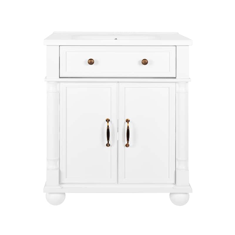 28"/36" Bathroom Vanity with Sink, Integrated Ceramic Basin Vanity Cabinet with Roman Column Base, Solid Wood Frame