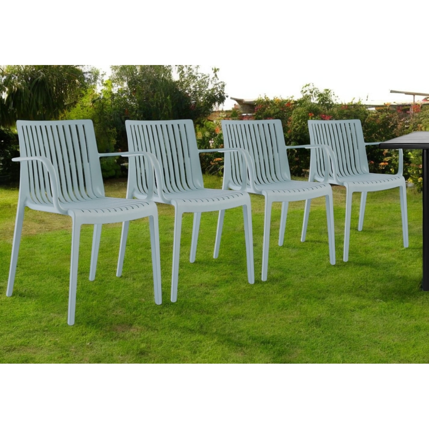 HomeRoots Set of Two Baby Blue Heavy Duty Plastic Outdoor Stacking Arm Chairs